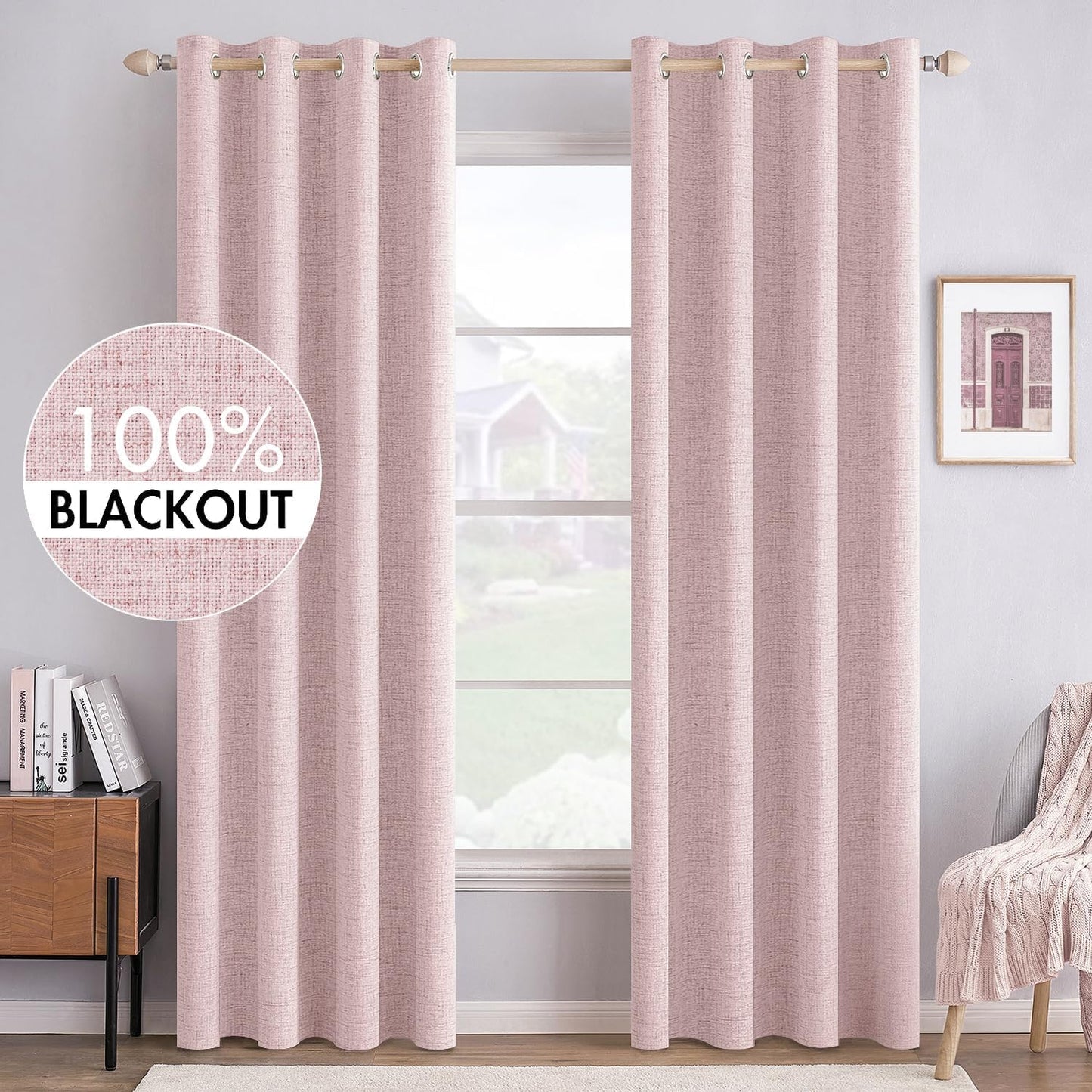 MIULEE Blackout Curtains - 100% Thermal Insulated Linen Texture Drapes | Pink, 52x96 Inch (2 Panels)