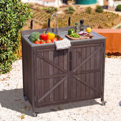 Merax Farmhouse 39.4" Outdoor Grill Cart with Stainless Steel Sink & Back Splash, Wood Rolling BBQ Prep Table w/Storage Cabinet & 4 Lockable Wheels for Patio and Outdoor Cooking,Dark Brown