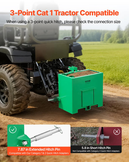 VEVOR Ballast Box, 3-Point Category 1 Tractor Ballast of 800 lbs Capacity, with Standard 2 Inch Hitch Receiver, Heavy-Duty Steel 3.2 ft³ Large Volume Durable Loader Attachment with Sliding Door, Green