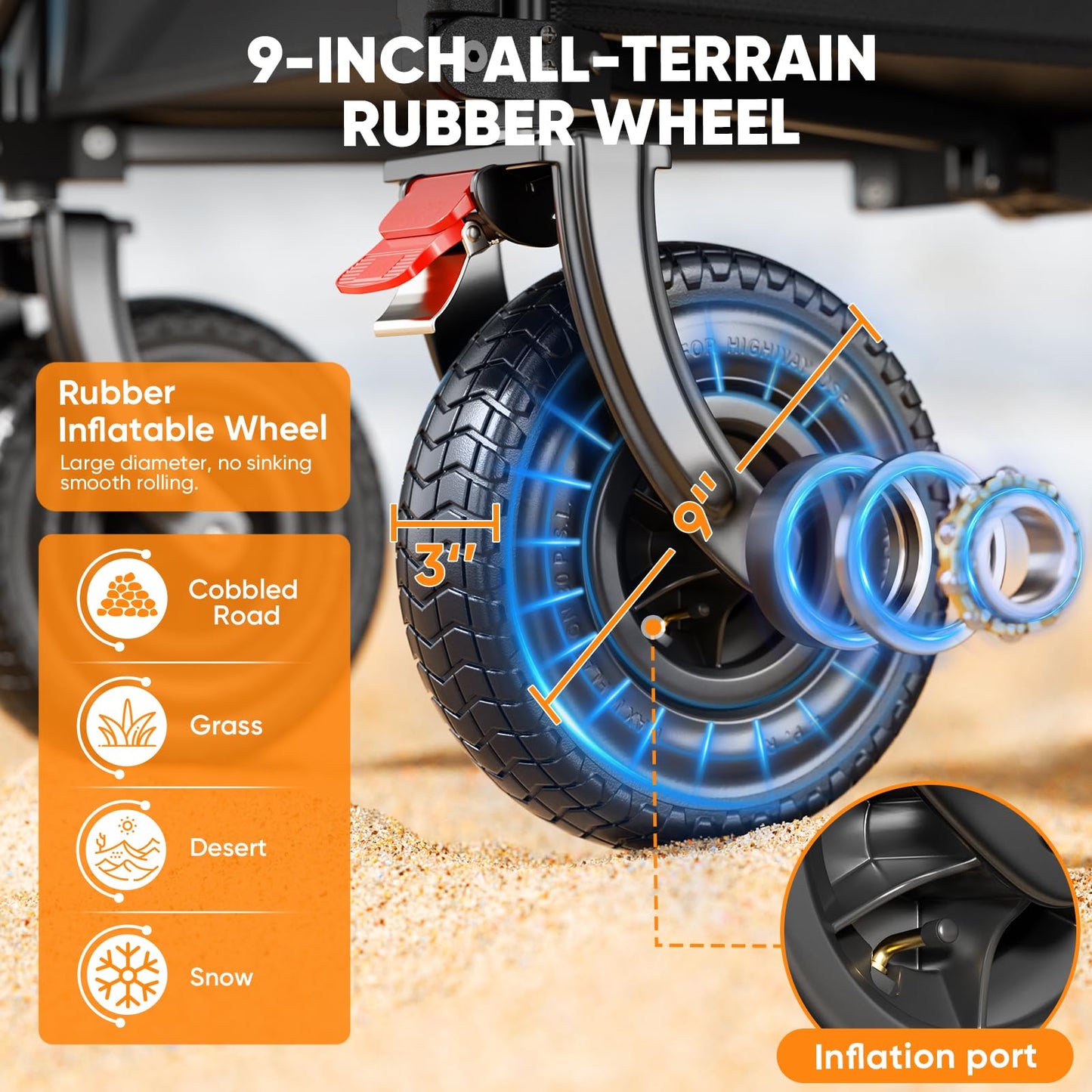 Big Rubber Wheels Beach Wagon Cart Foldable, 9x3 All-Terrain Wheels, Heavy Duty Collapsible Utility Wagon with 330lbs Capacity, 180L Storage, Compact, Easy Transport for Sand Camping Sports, Black
