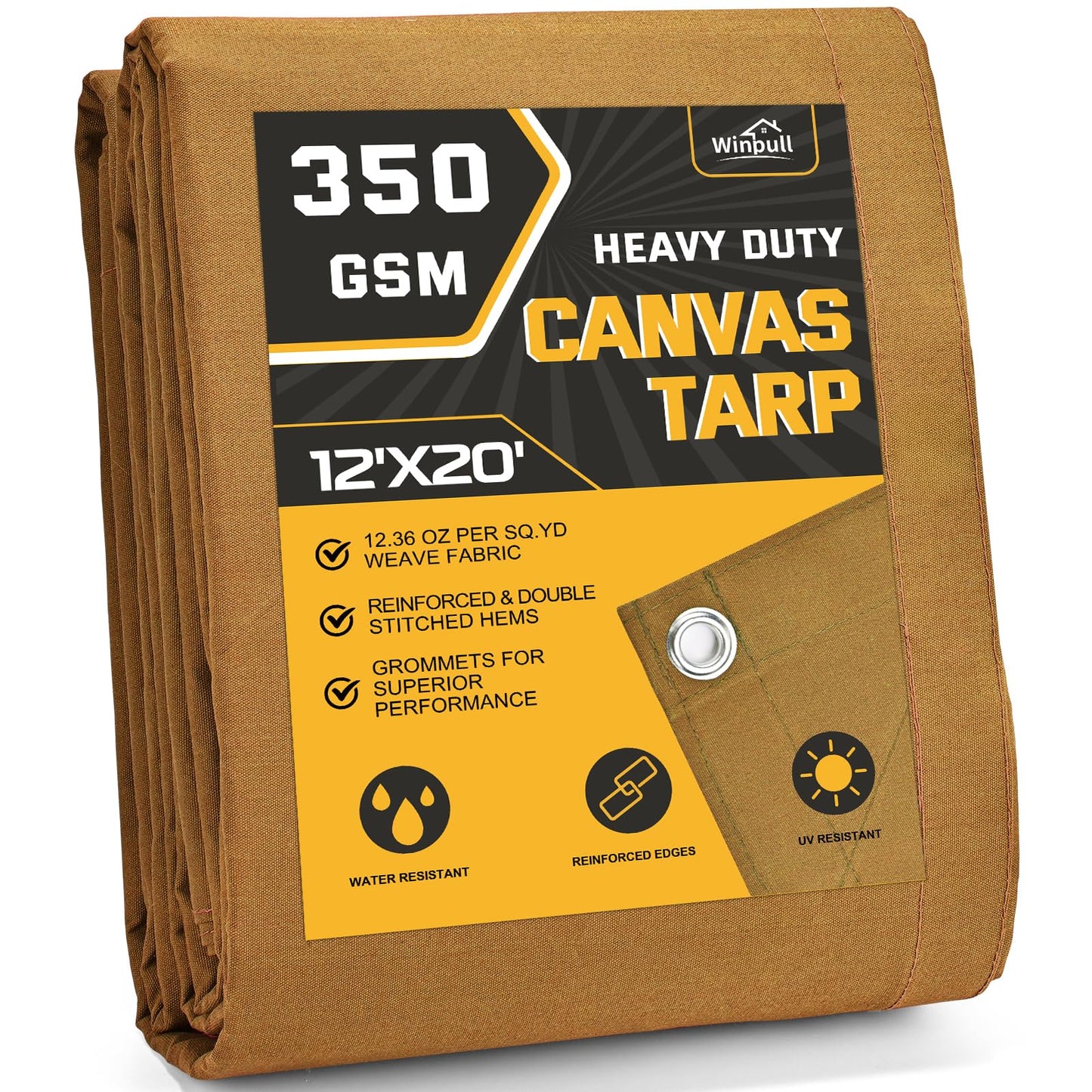 Winpull Heavy Duty Canvas Tarp 12x20 ft, 12oz (350 GSM) Polyester Canvas Water-Resistant Tarp with Rustproof Grommets, Tear-Resistant Outdoor Cover for Wood Piles, Camping, Trailer & Equipment