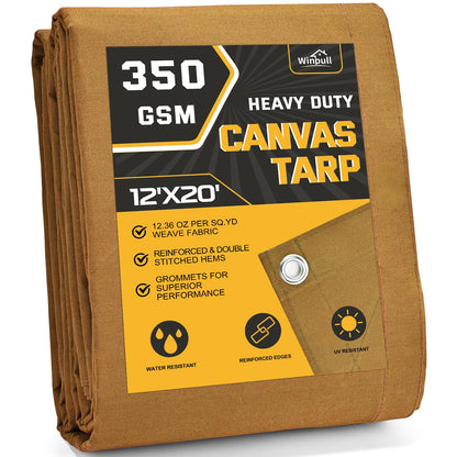 Winpull Heavy Duty Canvas Tarp 12x20 ft, 12oz (350 GSM) Polyester Canvas Water-Resistant Tarp with Rustproof Grommets, Tear-Resistant Outdoor Cover for Wood Piles, Camping, Trailer & Equipment