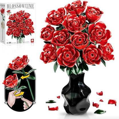 Rose Rotating Everlasting Flower Building Set (866PCS) Compatible Artificial Bouquet Elegant Home/Office Decor Accent for Tabletop Display Long-Lasting Home Decoration (Red)