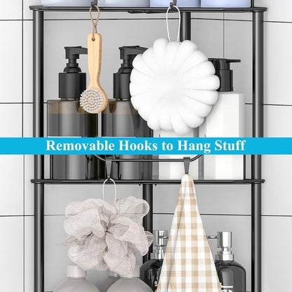 HuggieGems Corner Shower Caddy Organizer - 2 Tier Floor Stand with Hooks | Stylish Black Bathroom Shelf