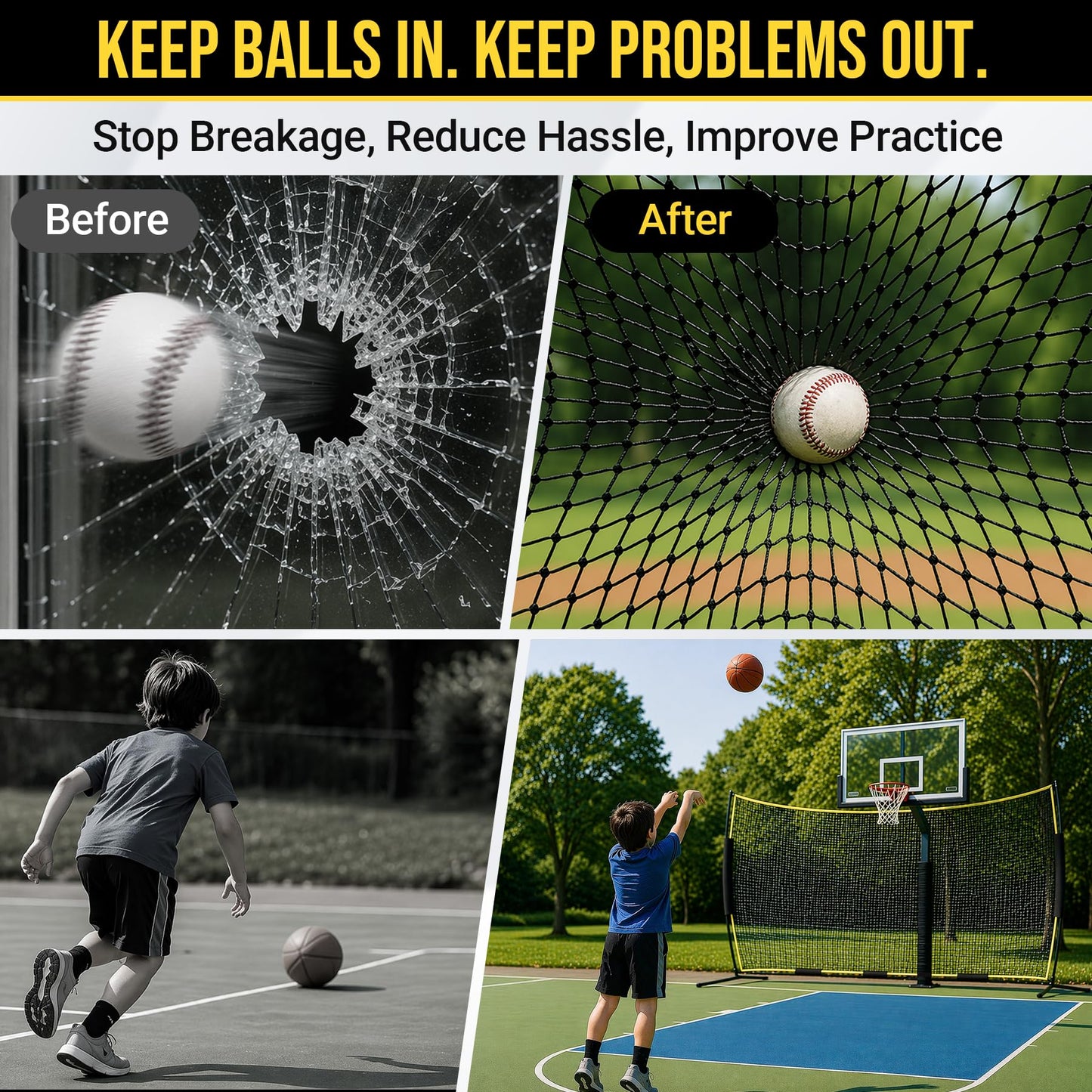 Eastrexon Barricade Backstop Net, 16x10 ft Ball Stop Netting with Carry Bag & Ground Stakes, Quick Setup, Portable, Perfect for Lacrosse, Baseball, Basketball, Soccer