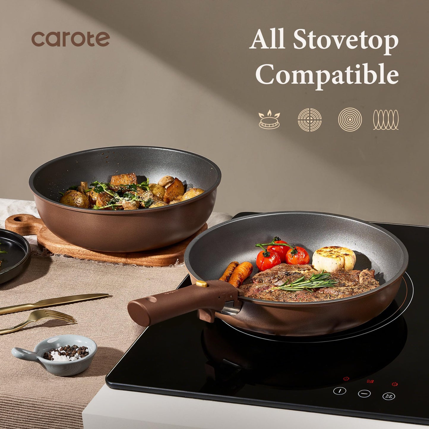 CAROTE 21pcs Pots and Pans Set, Nonstick Cookware Set Detachable Handle, Induction Kitchen Cookware Sets Non Stick with Removable Handle, RV Cookware Set, Oven Safe, Brown
