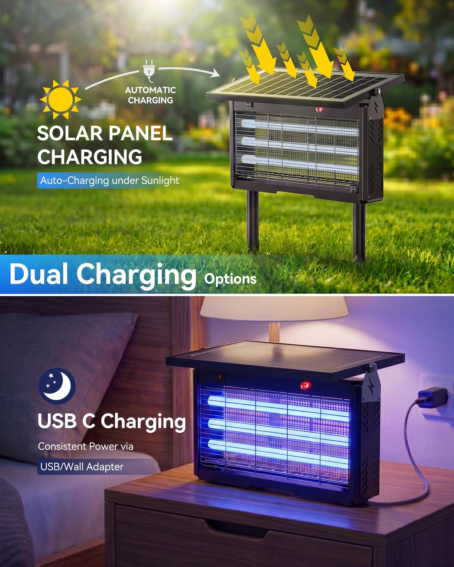 𝟐𝟎𝟐𝟔 𝐔𝐩𝐠𝐫𝐚𝐝𝐞𝐝 Solar Bug Zapper Outdoor, Mosquito Zapper Waterproof Electric Fly Zapper Rechargeable Mosquito Killer, Cordless Fly Insect Trap for Yard, Patio, Home, Garden, Camping