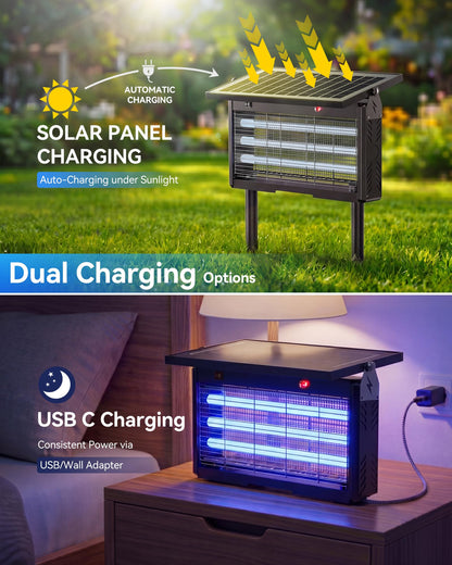 𝟐𝟎𝟐𝟔 𝐔𝐩𝐠𝐫𝐚𝐝𝐞𝐝 Solar Bug Zapper Outdoor, Mosquito Zapper Waterproof Electric Fly Zapper Rechargeable Mosquito Killer, Cordless Fly Insect Trap for Yard, Patio, Home, Garden, Camping