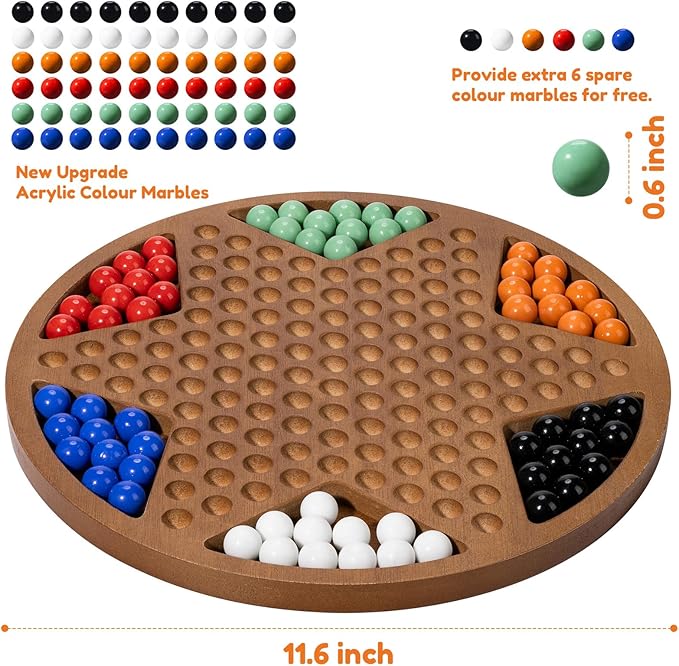 12-Inch Wooden Chinese Checkers Set - Classic Round Design with 60 Acrylic Marbles in 6 Vibrant Colors - Includes 12 Bonus Spare Marbles - Family Strategy Board Game for Kids and Adults
