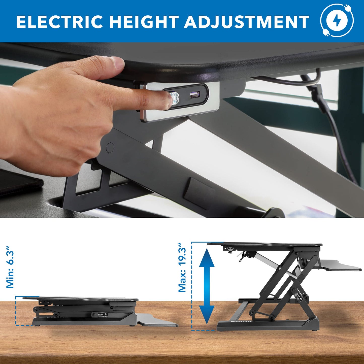 Mount-It! Electric Standing Desk Converter with Dual Monitor Arm, Stand Up Desk Riser X-Large 47.2" Wide, Electric Desk Riser with Mount for 2 Screens (Max 32"), Desktop with Keyboard Tray, USB, Black