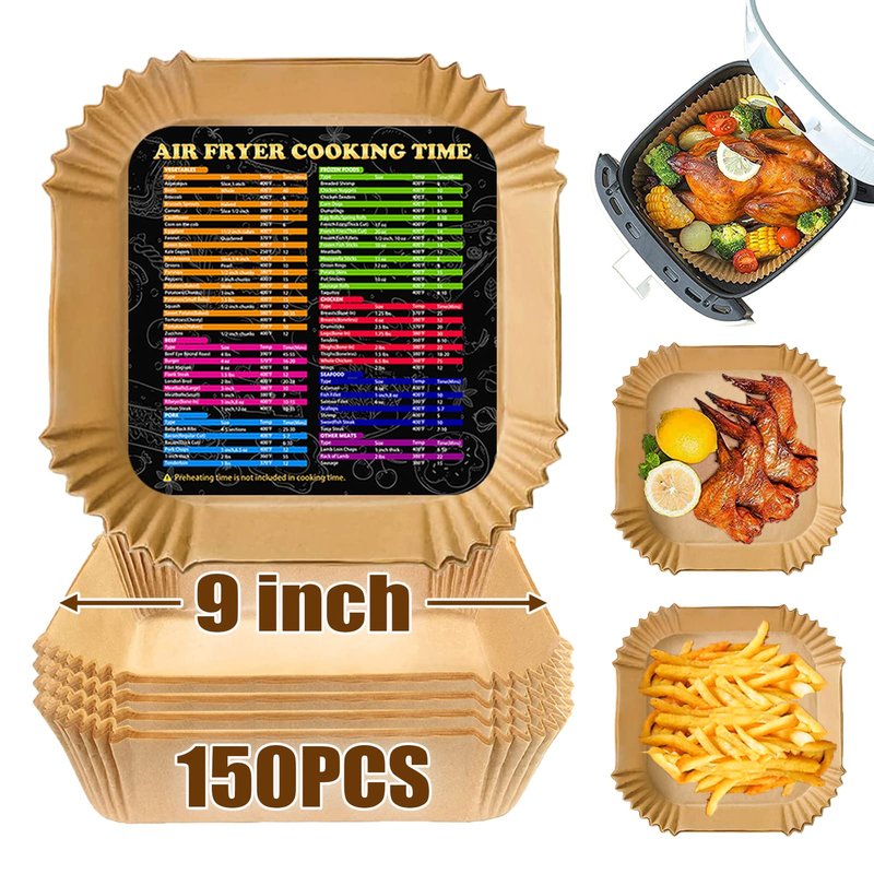 Air Fryer Liners Square for COSORI Air Fryer 6Qt and Ninja AF141, 150Pcs 9 Inch Large Air Fryer Paper Liners for 5-8QT Basket, Non-stick Parchment Paper Pads Oil Resistant