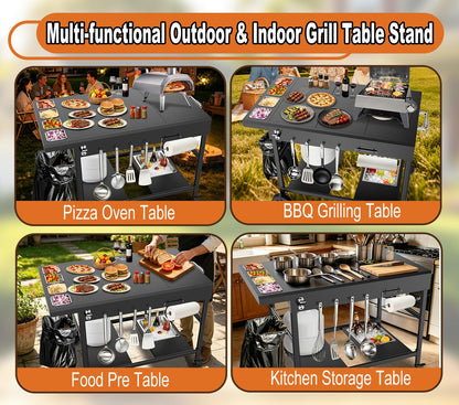 Barbqtime Pizza Oven Table with Topping Station, Outdoor Pizza Oven Cart, Grill Cart for Ninja, Cuisinart, Gozney, Movable BBQ Prep Table Station with Seasoning Tray for Patio, Kitchen, Backyard