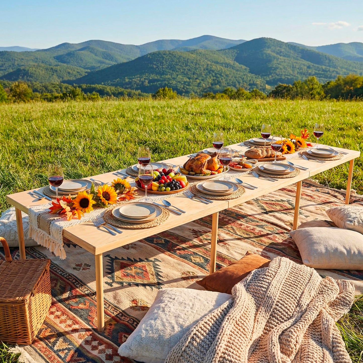 Novabright 90" x 30" Folding Boho Picnic Table with Woven Placemats and Table Runner Portable Low Picnic Floor Desk with Adjustable Legs for Beach, Wedding, Camping, 12 People, Tri-fold Style