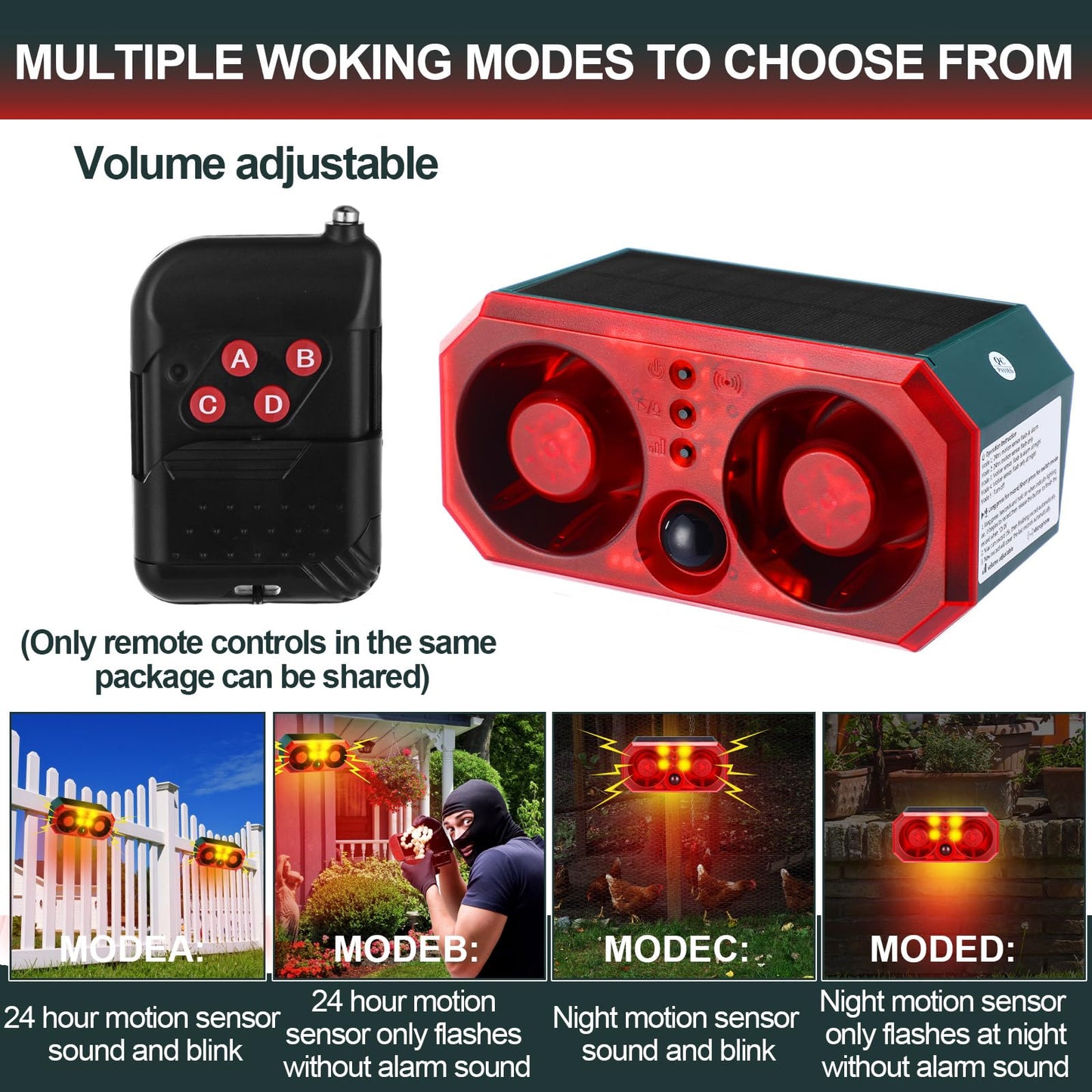 Qualirey 6 Pcs Solar Outdoor Motion Sensor Alarm Motion Sensor Animal Deterrent Dog Barking Alarm 13 Sound 130db Loud Noise Maker 4 Mode with USB Remote Control Support Recording Volume Adjustment