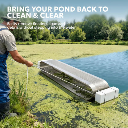 Godgetory Pond & Lake Skimmer Tool, Floating & Submerged Debris Remover, 40LB Heavy-Duty Stainless Steel Mesh, Wide-Mouth Collection, Shore or Boat Operated Drag System with Ropes