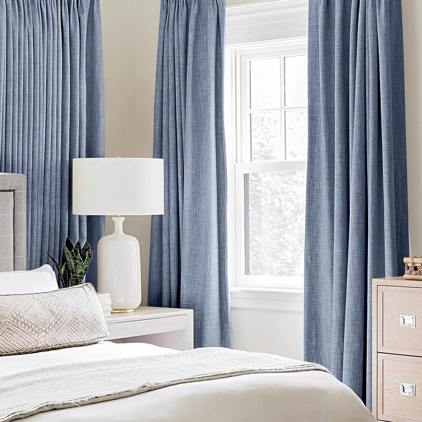 MIULEE Linen Blackout Curtains - 100% Room Darkening Thermal Insulated Grommet Panels | 42" x 84" Stone Blue