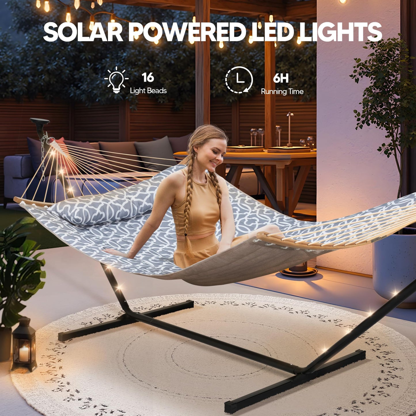 SUNCREAT Double Outdoor Hammock with 12 ft Stand, Solar Powered Lights, 2 Person Hammocks for Outside, Grey
