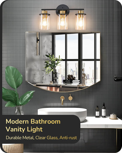 EDISHINE 3-Light Bathroom Vanity Light Fixture, Metal, Black and Gold, Model HHVL04H, Clear Glass Shade