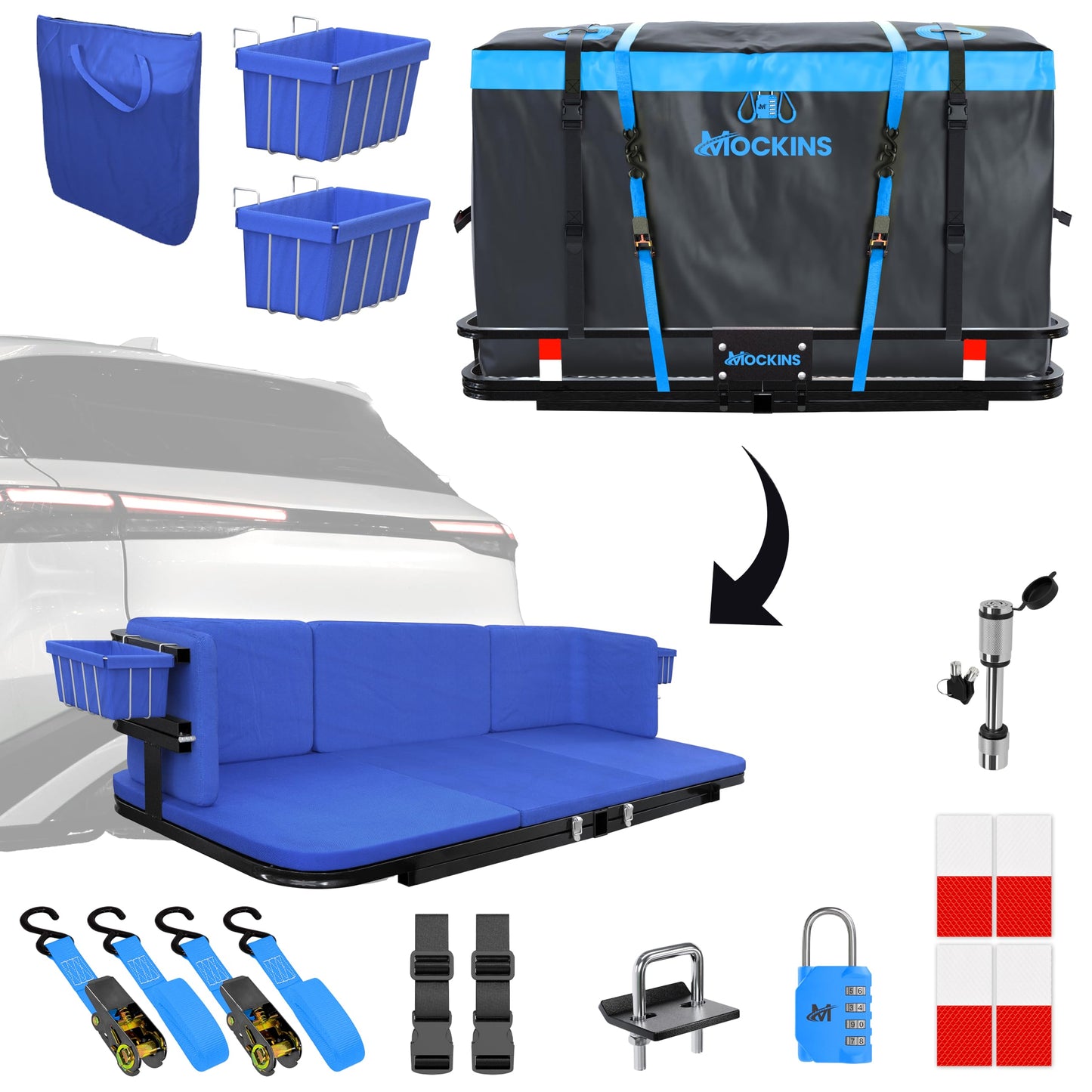 Mockins 2-in-1 Trailer Hitch Cargo Carrier Bench 48"x18"x6" w/ 15 CuFt Waterproof Truck Bed Storage Bag | 500 Lb Capacity Folding Cargo Hitch Carrier Tailgate Seat Bundle w/Stabilizer, Straps, & Lock