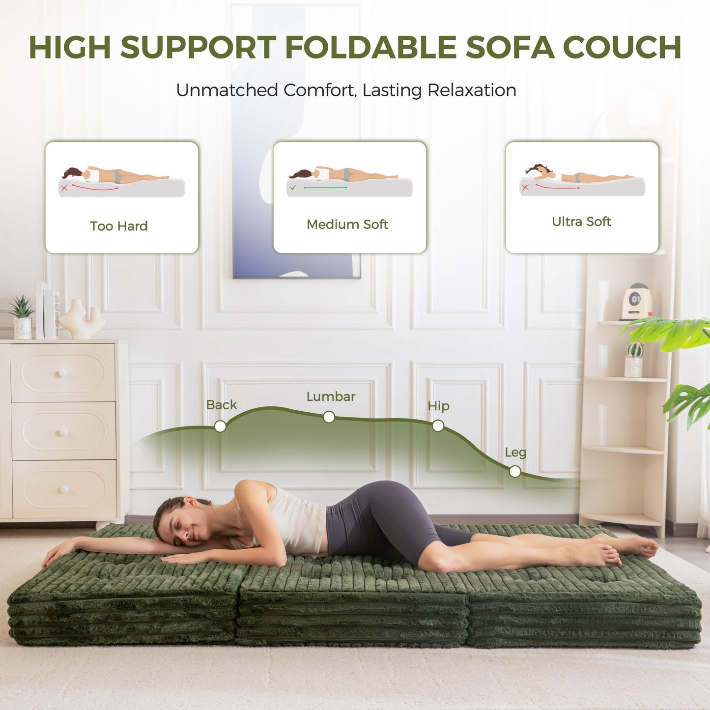 MAXYOYO Floor Sofa Couch, 6 Inch Tri-Fold Floor Sofa Bed, Folding Couch with Handles, Soft Faux Fur Folding Bed with Supportive Foam Filling, Portable Sofa for Living Room, Full, Dark Green
