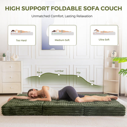 MAXYOYO Floor Sofa Couch, 6 Inch Tri-Fold Floor Sofa Bed, Folding Couch with Handles, Soft Faux Fur Folding Bed with Supportive Foam Filling, Portable Sofa for Living Room, Full, Dark Green