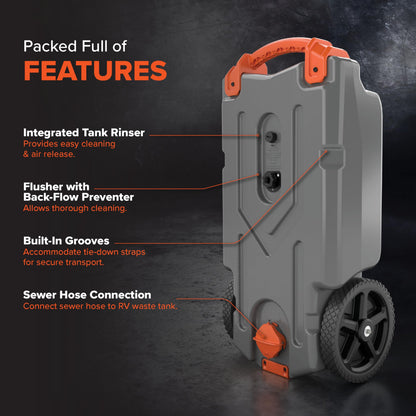 Camco Rhino 15-Gallon Portable RV Tote Tank - Features Large Heavy-Duty No-Flat Wheels & Low Drain Hole - Includes Removable Steel Tow Adapter, 3’ Sewer Hose & More RV Accessories (39000)