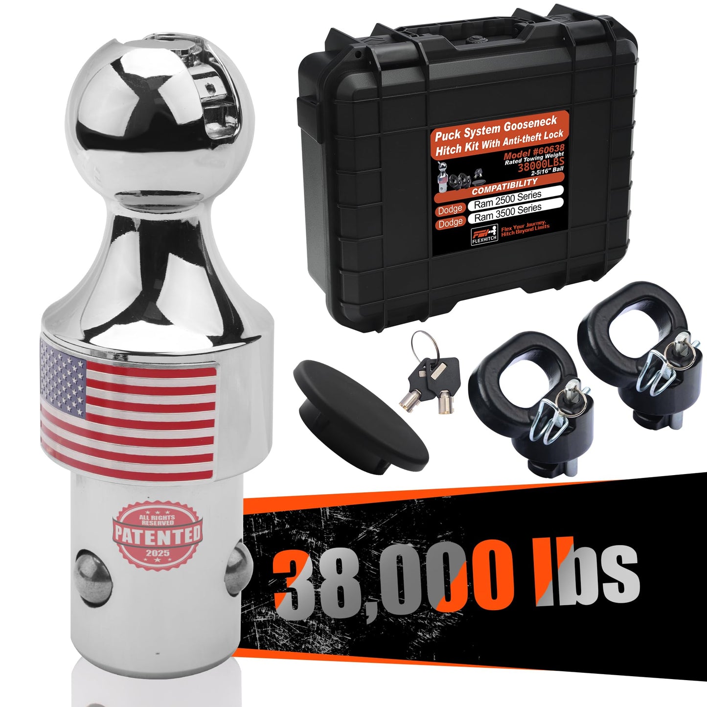 38K Anti-Theft Lock Gooseneck Hitch Kit for Ram 2500, Ram 3500 2013-2024 Puck System, Lockable Gooseneck Ball, Safety Chain Anchors Included, Replace#60638