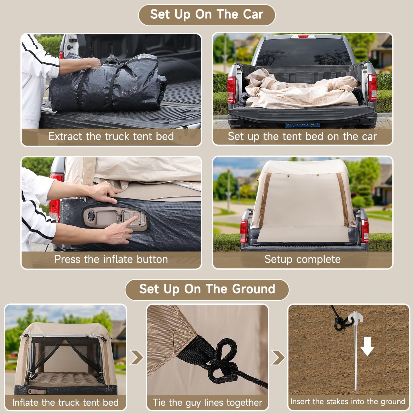 OPP ULITE All-in-One Truck Bed Tent Auto Inflate Deflate Built in Pump 4.92FT, PU2000mm Waterproof Pickup Tent Air Mattress Camping Travel Outdoor Activities for Ford F150, Silverado, Tundra
