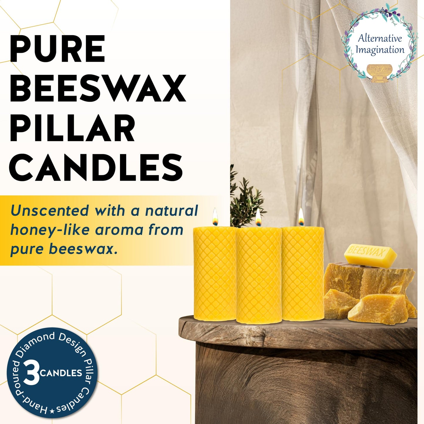 Alternative Imagination Diamond Beeswax Pillar Candles – 3 Pack of 2x4 Inch Unscented Candles - Hand-Poured - 100% Pure Beeswax - Natural Honey Aroma - Dripless Long-Burn - Altar & Decor Use