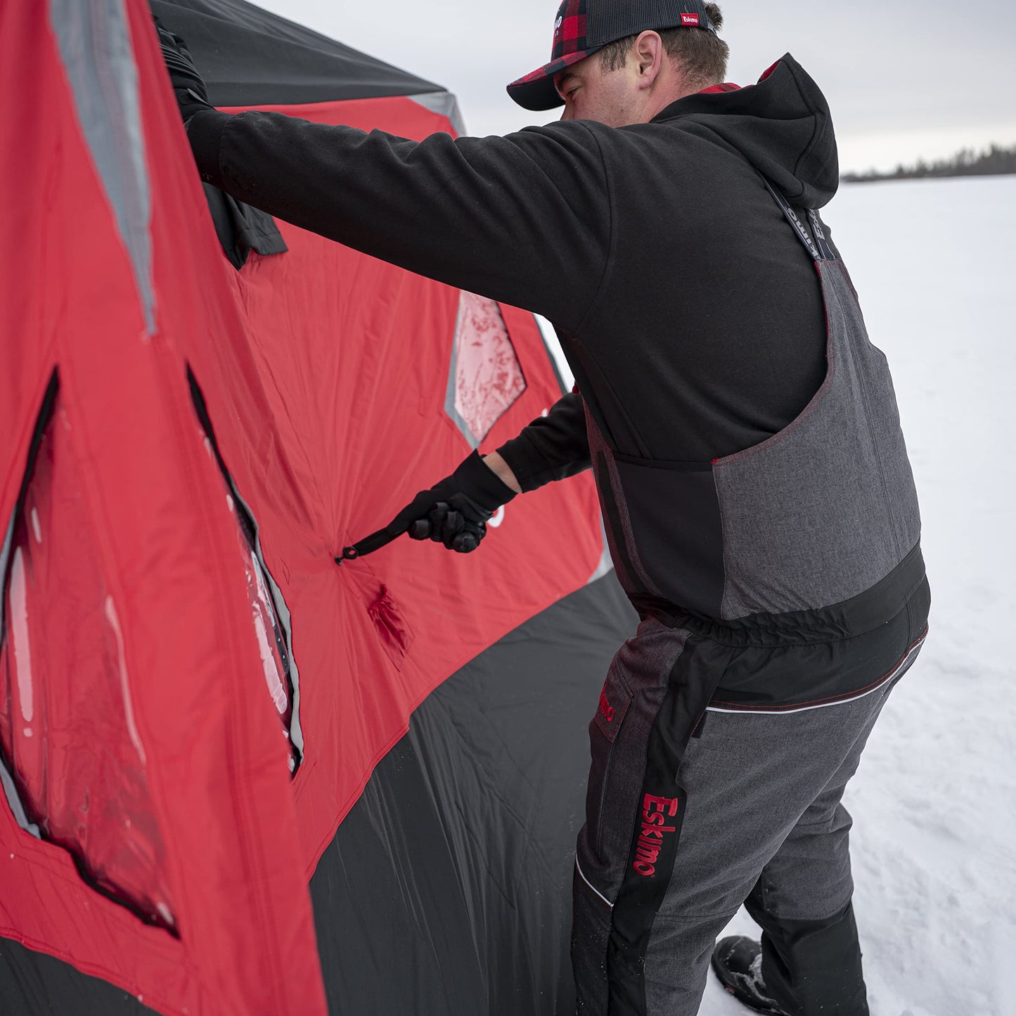 Eskimo Outbreak 650XD Pop-up Portable Insulated Ice Fishing Shelter, 94 sq ft. Fishable Area, 5-7 Person, Red/Black, 143" x 135"