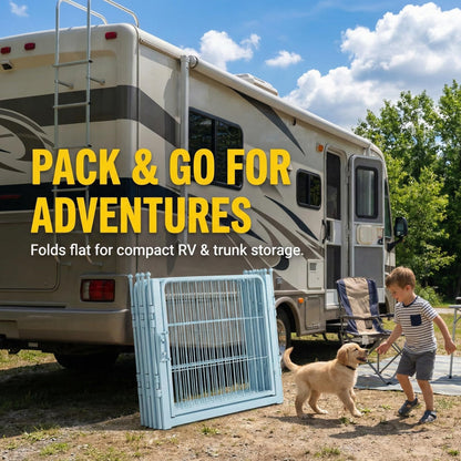 Blue Dog Playpen for Small/Medium Dogs - 32 inch 8 Panels Heavy Duty Metal Puppy Fence Outdoor Indoor with Door, Anti-Rust Foldable Puppy Pen Pet Enclosure, Portable Exercise Kennel for Camping, Yard