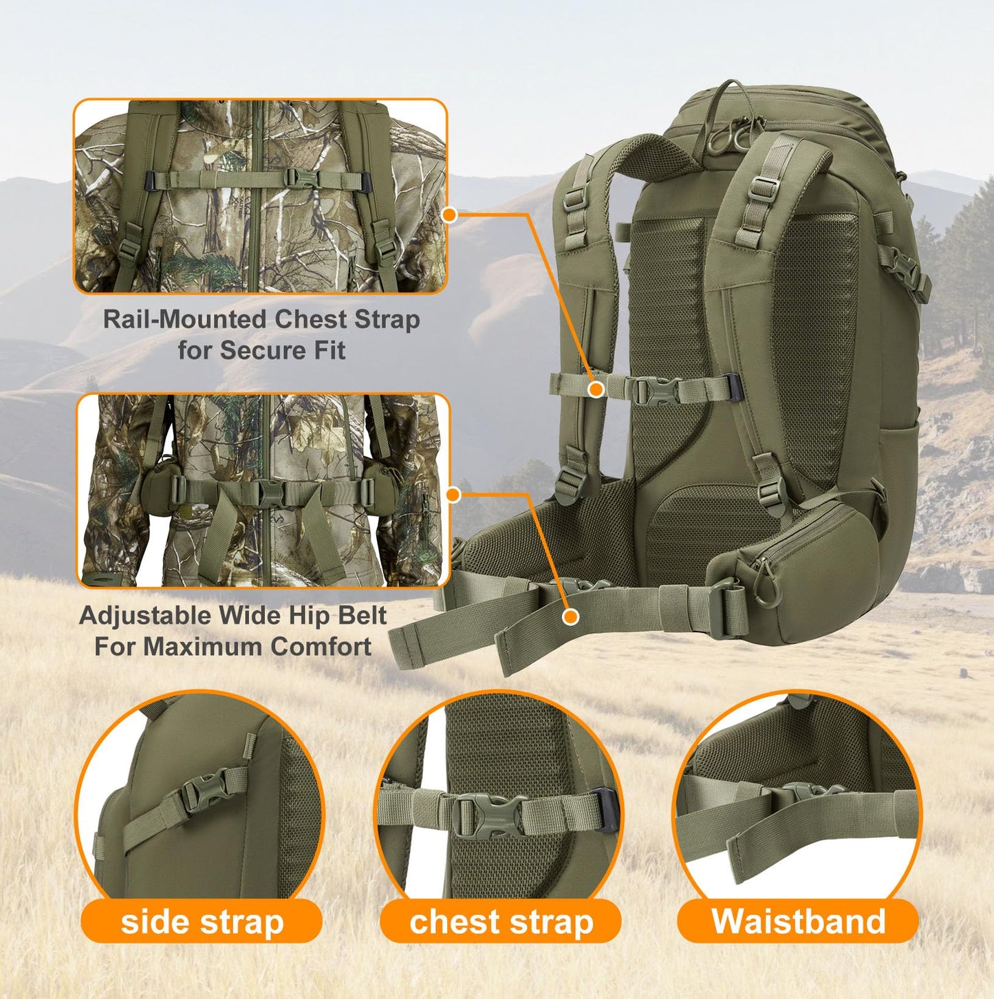 SIATREX SCOUT1800 Hunting Daypack – 500D DWR Tear-Resistant Nylon, Lightweight Tactical Backpack with MOLLE Webbing & Hydration Compatible, for Archery, Scouting, and Backcountry Hunts