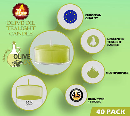 Olive Oil Tea Light Candles - 40 Pack - Clear Cup Unscented Travel, Centerpiece, Decorative Candle - 4.5 Hour Burn Time - by Ner Mitzvah