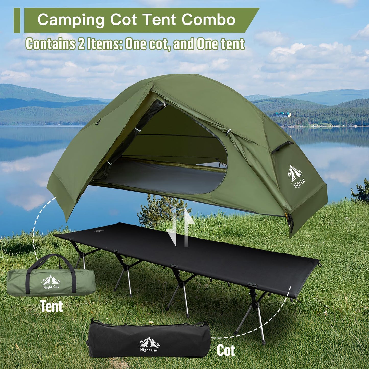 Night Cat Camping Cot Tent - Waterproof 1-Person Off-Ground Combo Cot Bed for Adults Portable Easy Set-up Tent Green 31.5'' Width