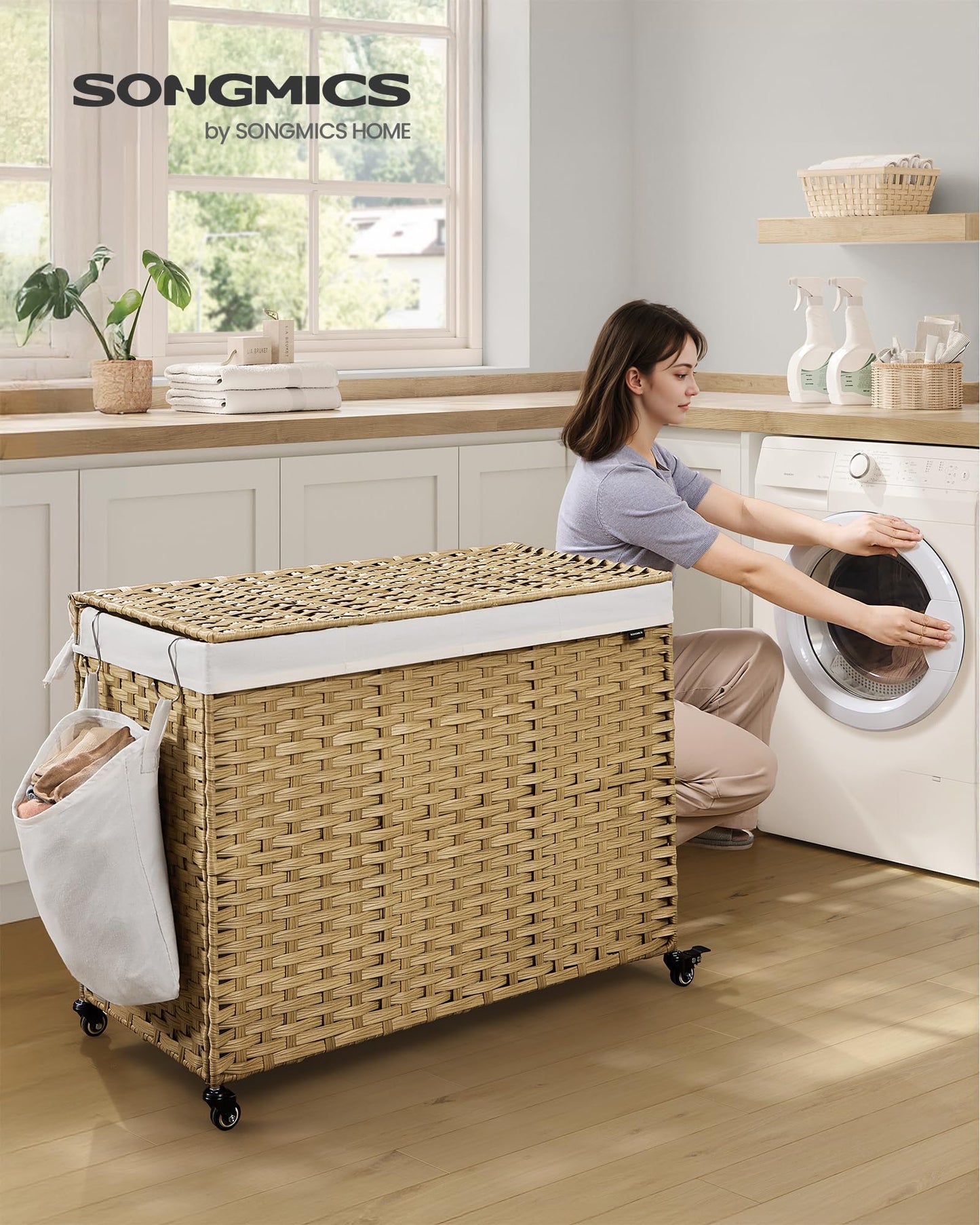 SONGMICS Laundry Hamper with Lid, 55.4 Gallons (210 L), Rolling Laundry Basket with Wheels, 4-Section Synthetic Rattan, Removable Liner, Bedroom, 33.9 x 15.7 x 26 Inches, Natural Color ULCB460Y01