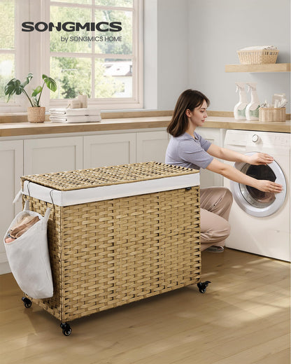 SONGMICS Laundry Hamper with Lid, 55.4 Gallons (210 L), Rolling Laundry Basket with Wheels, 4-Section Synthetic Rattan, Removable Liner, Bedroom, 33.9 x 15.7 x 26 Inches, Natural Color ULCB460Y01