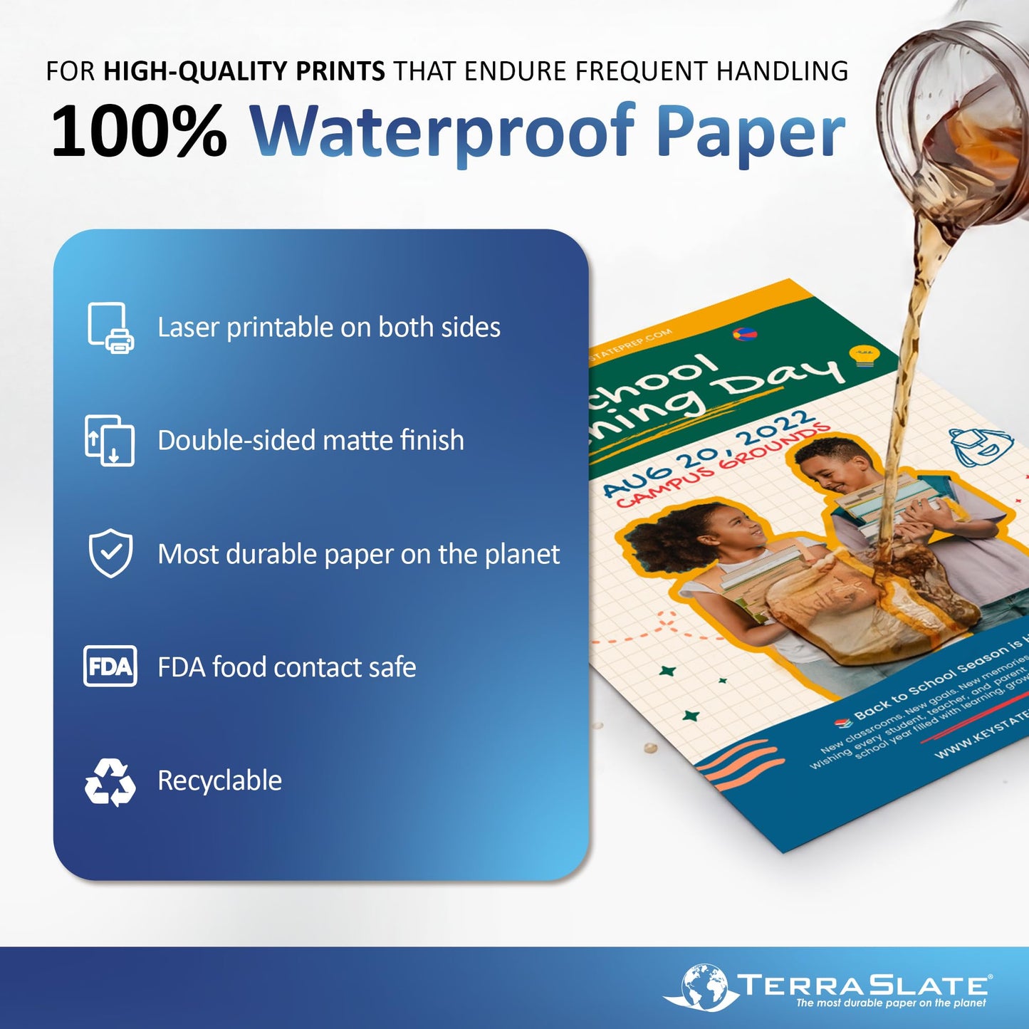 TerraSlate Copy Paper Waterproof Laser Printer, Rain Weatherproof, 5 Mil, 8.5x11-inch, 500 Sheets