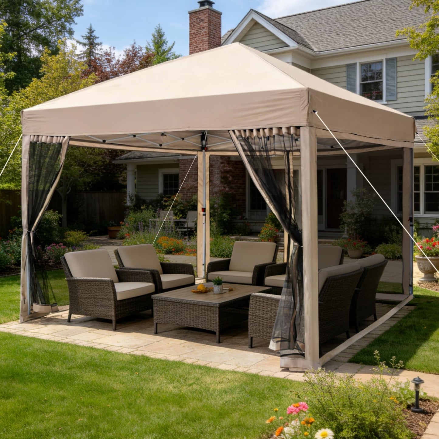 HAVZENO 10x10 Pop Up Canopy Tent with Mosquito Netting, Portable Waterproof Instant Outdoor Screen Shelter, Pop Up Tent for Patio, Backyard, Parties, Camping and Events, Beige