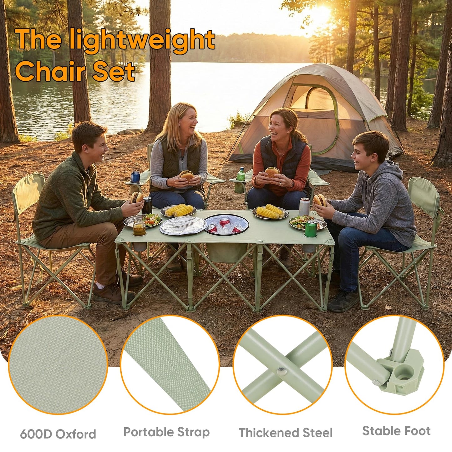 5 Pcs Camping Chair and Folding Camping Table Set, Outdoor Folding Picnic Chairs Lawn Portable Camp Table with Cooler Bag & Cup Holder for Camping, Fishing, Sporting Events, Support 500lbs, Green