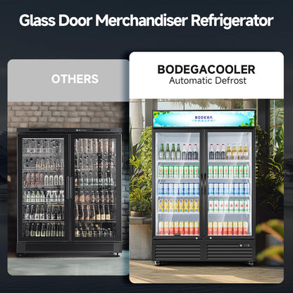 BODEGACOOLER Commercial Merchandiser Refrigerator, 40 Cu.Ft Double Glass Door Beverage Cooler, Upright Display Refrigerator with Soft LED Light, Adjustable Shelves, 4 Heavy-Duty Casters, Black