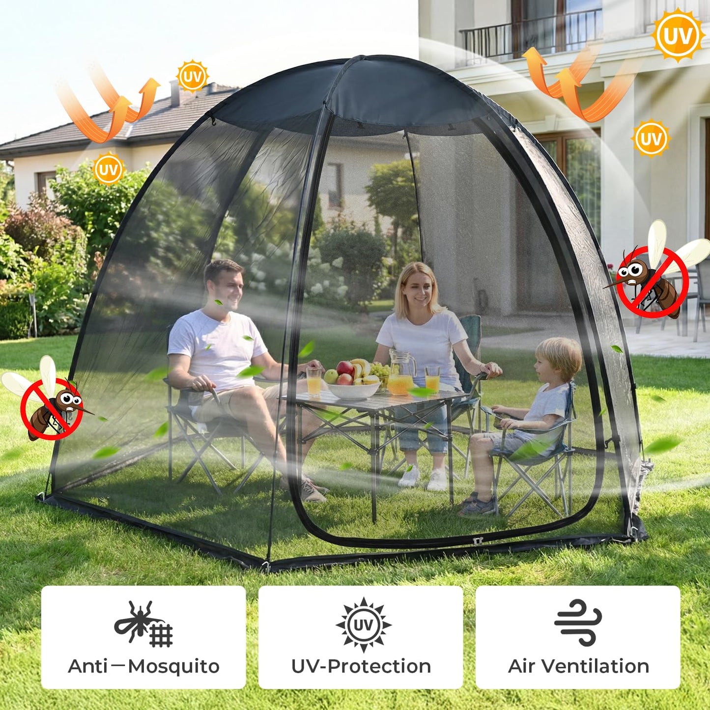 Alvantor® Pop Up Screen House Tent 10x10 FT, Snap-fit Black Mesh Screen Gazebo with Peaked Roof, Portable Screen Room Canopy Shelter with Sandbags for Camping, Backyard, Picnic