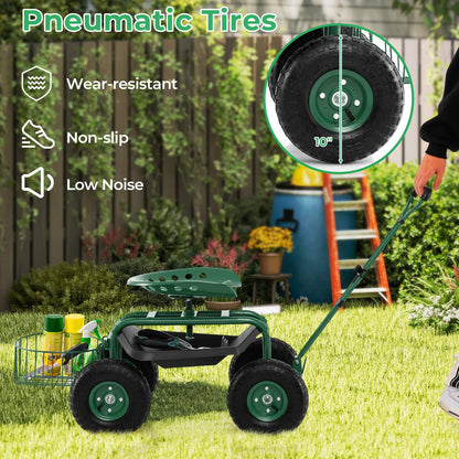 DORTALA Heavy Duty Garden Cart Work Seat w/360 Swivel Seat and Storage Basket, 4-Wheel Rolling Planting Cart w/Tool Tray Extendable Steering Handle Height Adjustable Seat for Gardening, Green