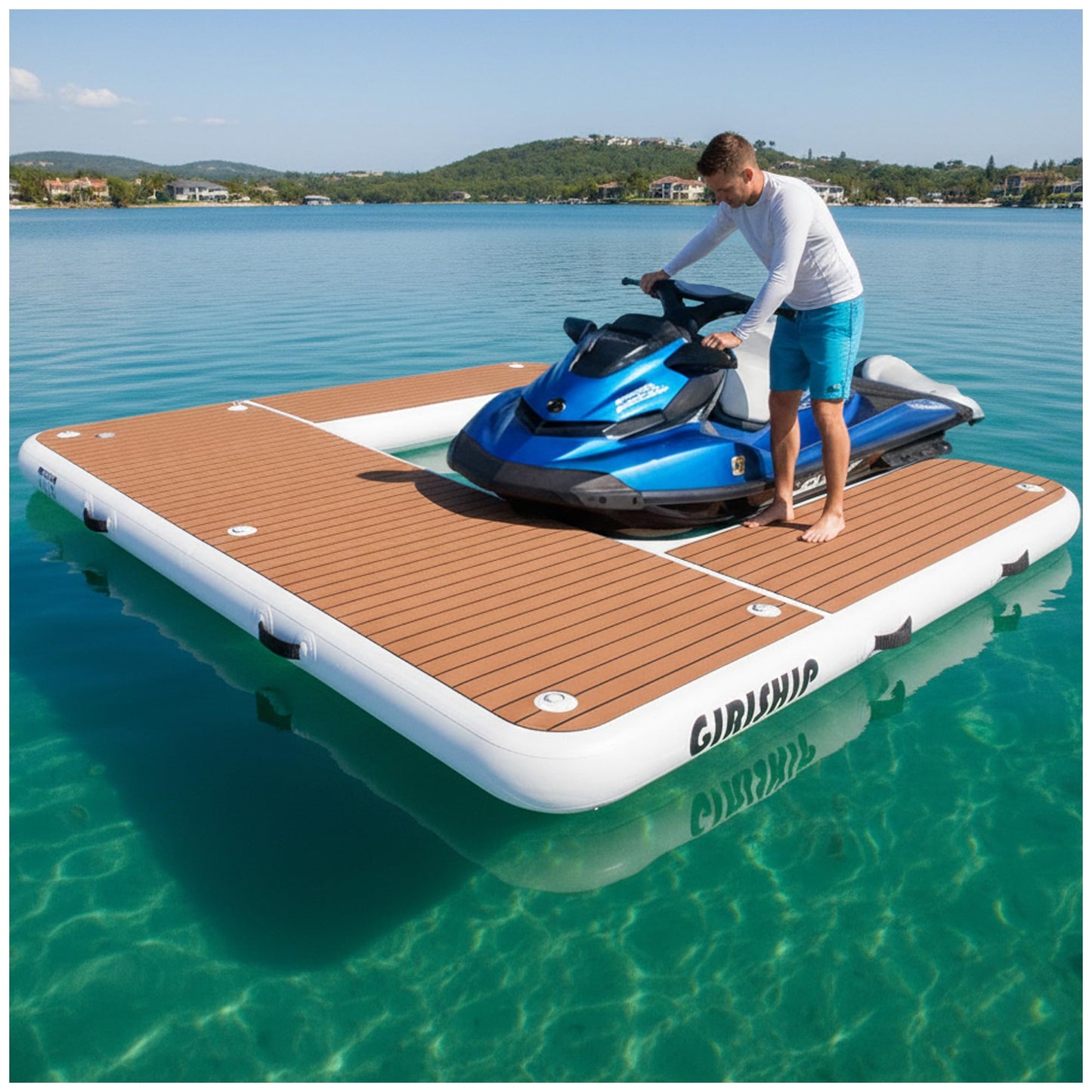 GIRISHIP Inflatable Jet Ski Dock, Heavy Duty Floating PWC Docking Station with Non-Slip EVA Pad, Portable Marine Platform or Boat Bumpers Fenders for Docking Include Pump (8.5 * 8FT U)