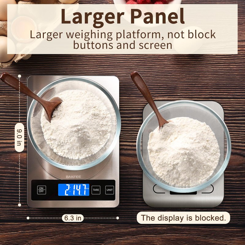 BakFee Food Scale, 33lb Digital Kitchen Scale with Stainless Steel & Tempered Glass, USB Rechargeable, 1g/0.05oz Precise Weighing, Splash-Resistant and Sturdy Surface, for Cooking, Baking, Weight Loss