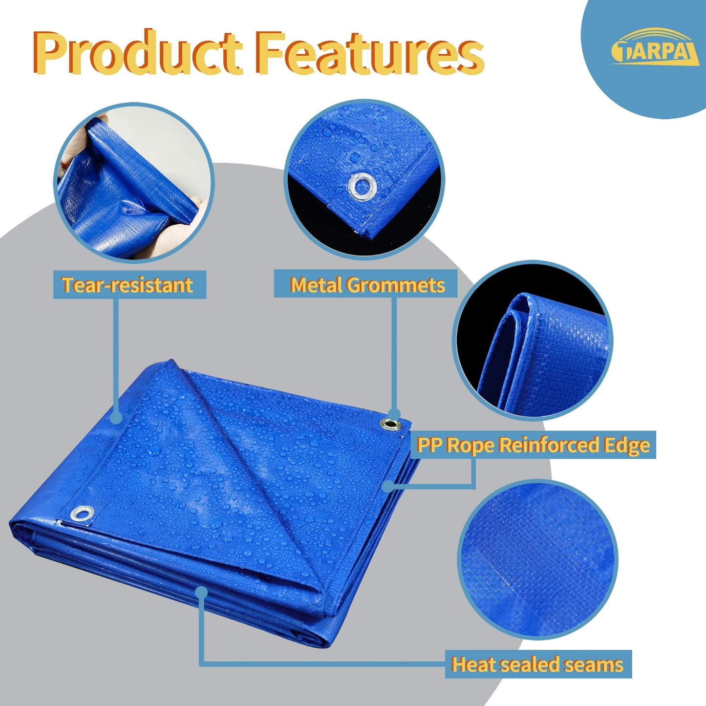 TARPAL 40x40 feet Blue tarp, 8mil Medium Duty tarps Waterproof, Tear Resistant with Metal Grommets, Suitable for Outdoor Tent Emergency rain Cover,Floor tarp,and Other uses.