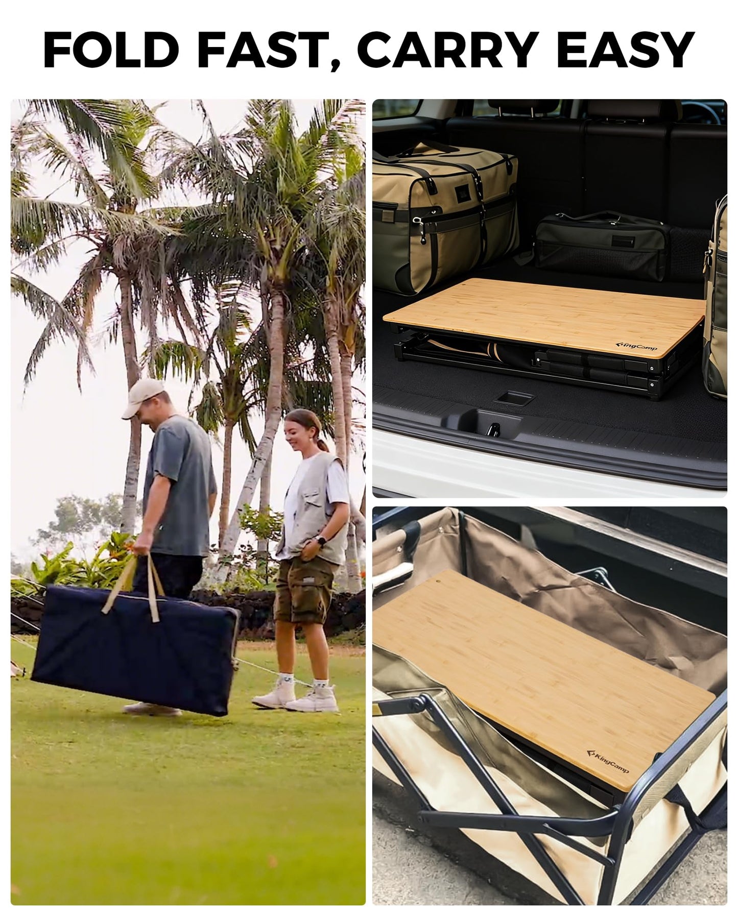 KingCamp Bamboo Camp Kitchen Table, Folding Overland Camping Table with Windscreen & Lantern Pole, Portable Outdoor Cooking Organizer with Storage Cabinets for RV Trip, Tailgating, BBQ, Picnic