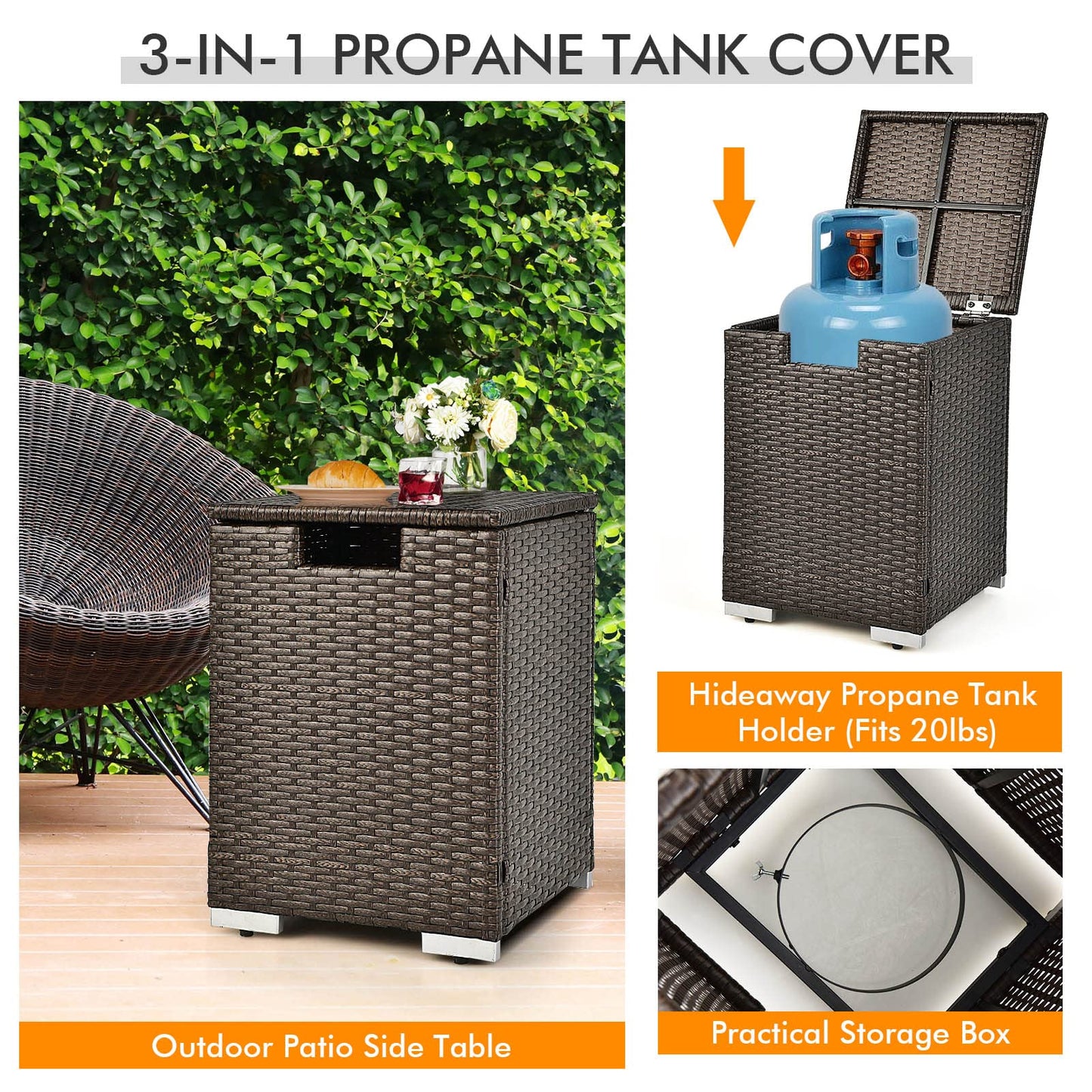 Tangkula 2 Piece Outdoor Propane Fire Pit Table Set with Hideaway Propane Tank Holder, 40,000 BTU Rattan Wicker Fire Pit Table with Lava Rocks, Waterproof Cover, Ideal for Backyard, Patio (Brown)