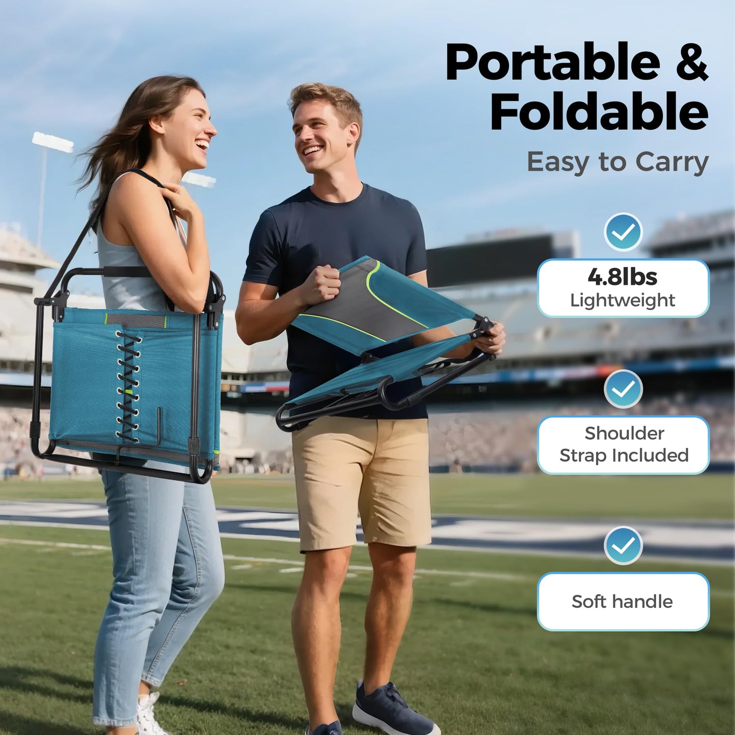 ALPHA CAMP Stadium Seats for Bleachers with Armrests - Thick Padded Bleacher Chairs with Back Support, Extra Wide Stadium Chair for Sports Events, Portable with Shoulder Straps & Pockets, Blue&Grey