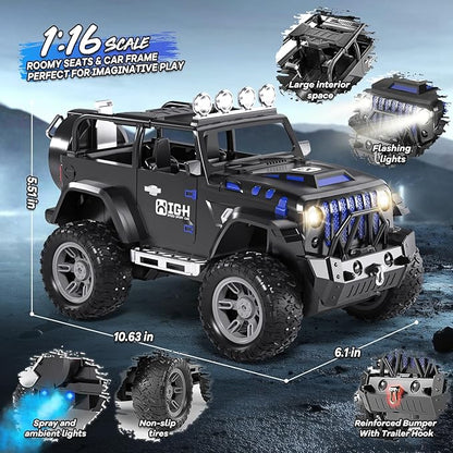 1:16 Remote Control Car with Spray Lights and Sound 2.4GHz Remote Control Jeep for Kids All Terrain Off-Road Jeep RC Car Toys Gift for Boys and Girls