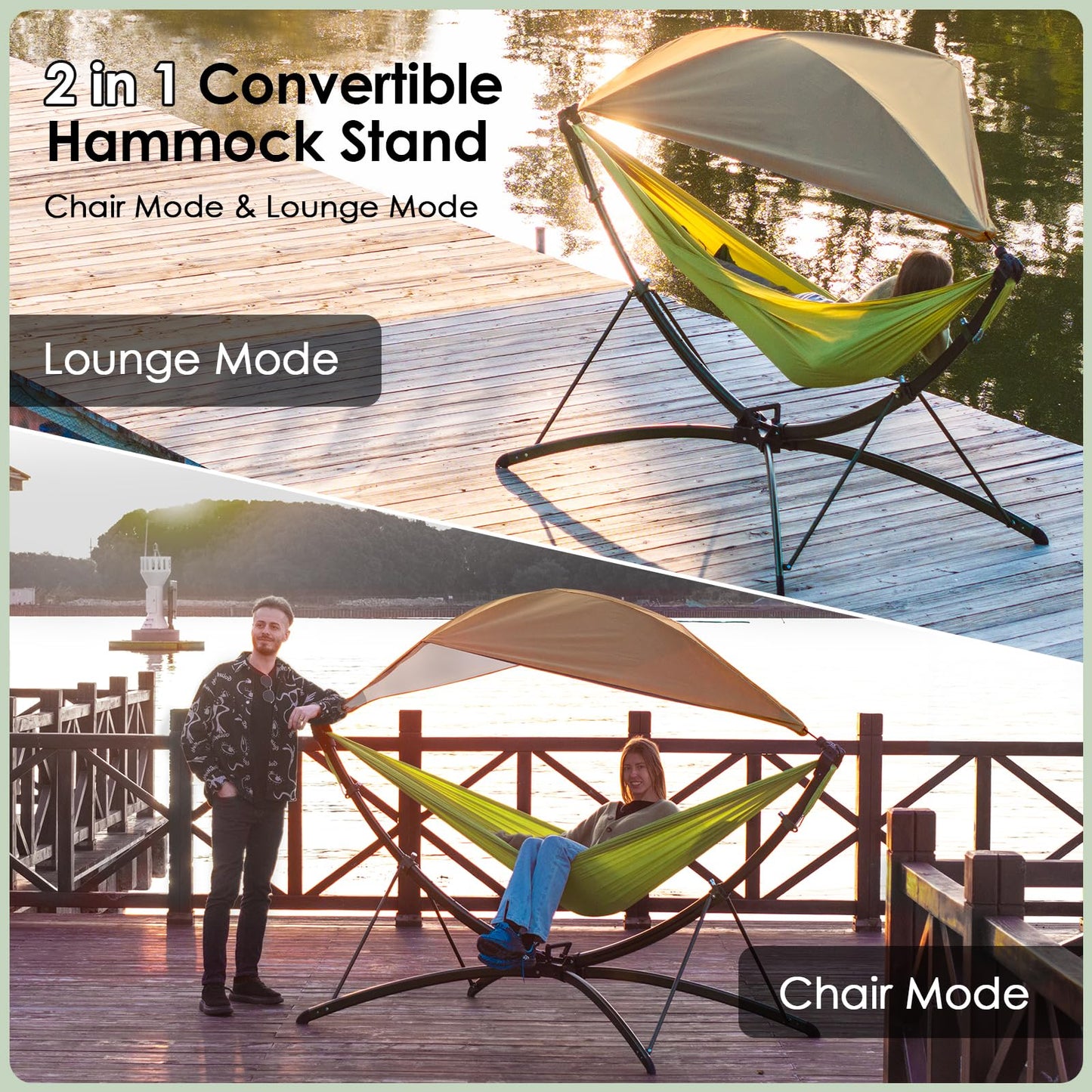 Portable Hammock with Quick Setup Folding Stand & Adjustable Sunshade Canopy & Storage Bag - Adult/Child Hammock Chair - Heavy Duty Hammock for Camping Home Garden Hotel Outside Beach Forest Grasslan